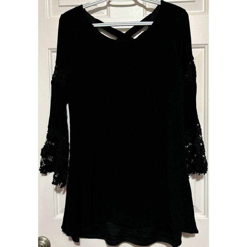 Kori America Women's Black Long Boho Lined Tunic Crochet Sleeves Size M